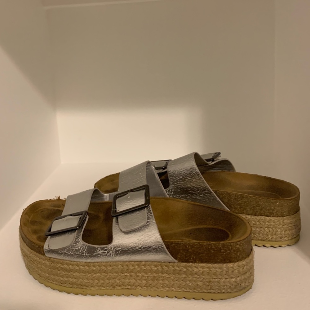 Silver braided platform Birkenstock style sandal